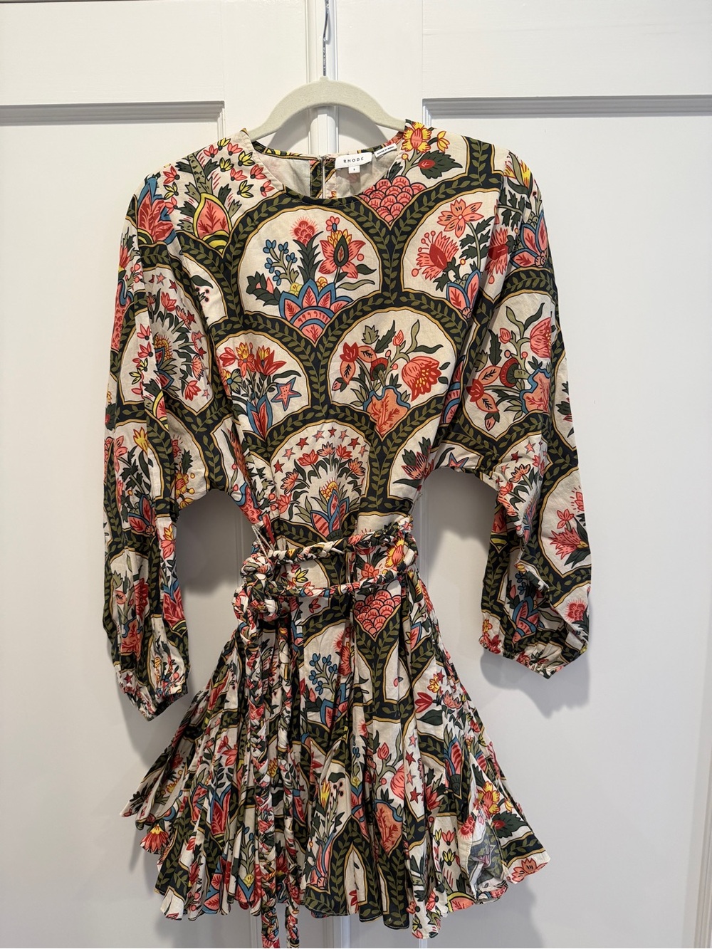 Rhode Resort Floral Print Long Sleeve Mini Dress Tie Waist Sz S